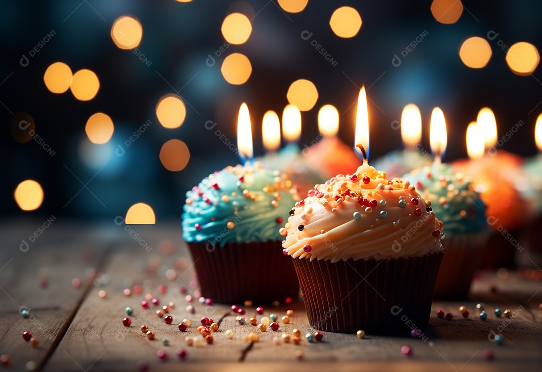 Cupcakes de aniversário com fundo colorido