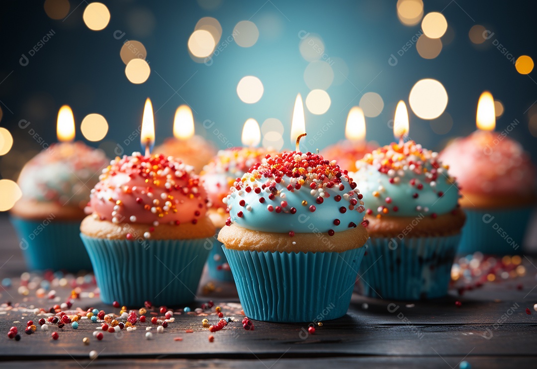 Cupcakes de aniversário com fundo colorido