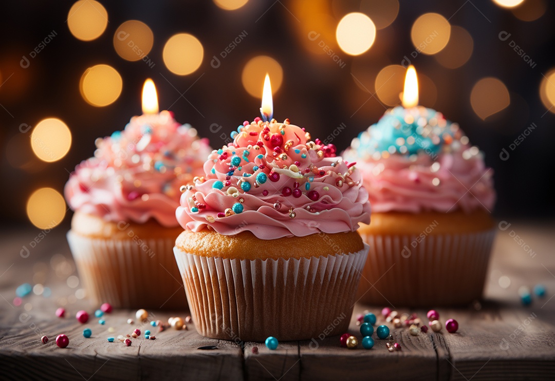 Cupcakes de aniversário com fundo colorido