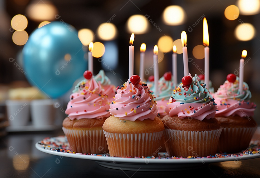Cupcakes de aniversário com fundo colorido