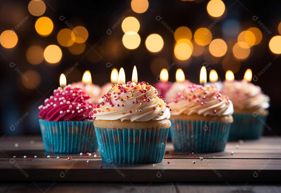 Cupcakes de aniversário com fundo colorido