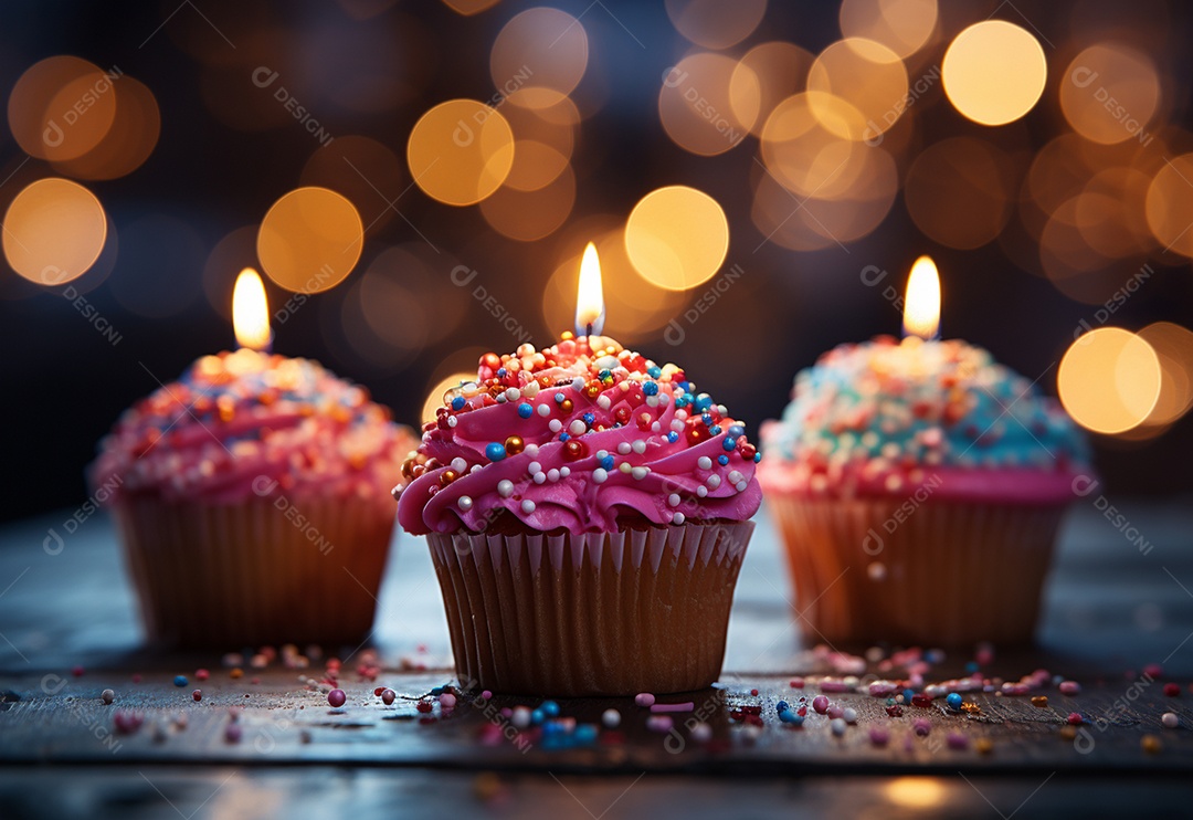 Cupcakes de aniversário com fundo colorido