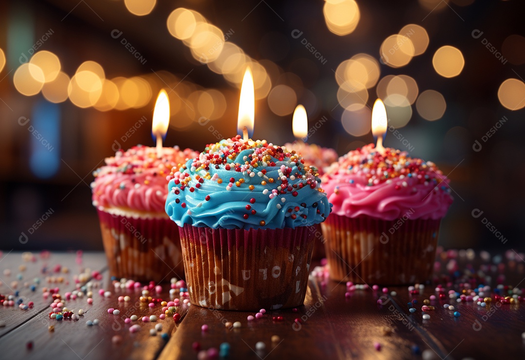 Cupcakes de aniversário com desfoque de fundo colorido