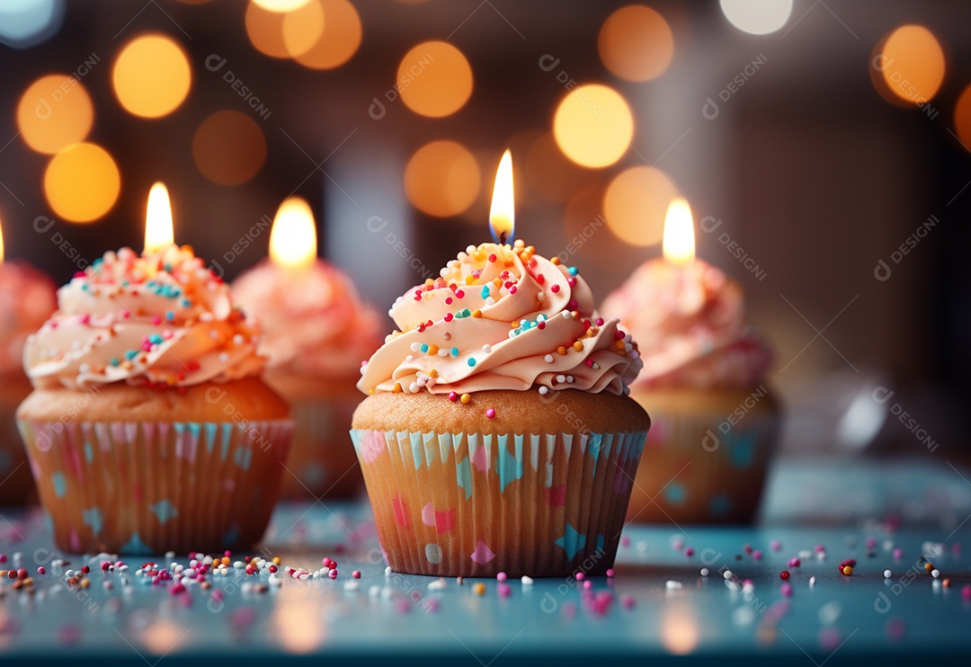 Cupcakes de aniversário com desfoque de fundo colorido