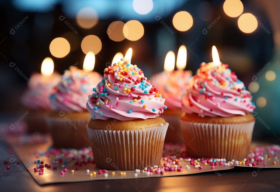 Cupcakes de aniversário com desfoque de fundo colorido