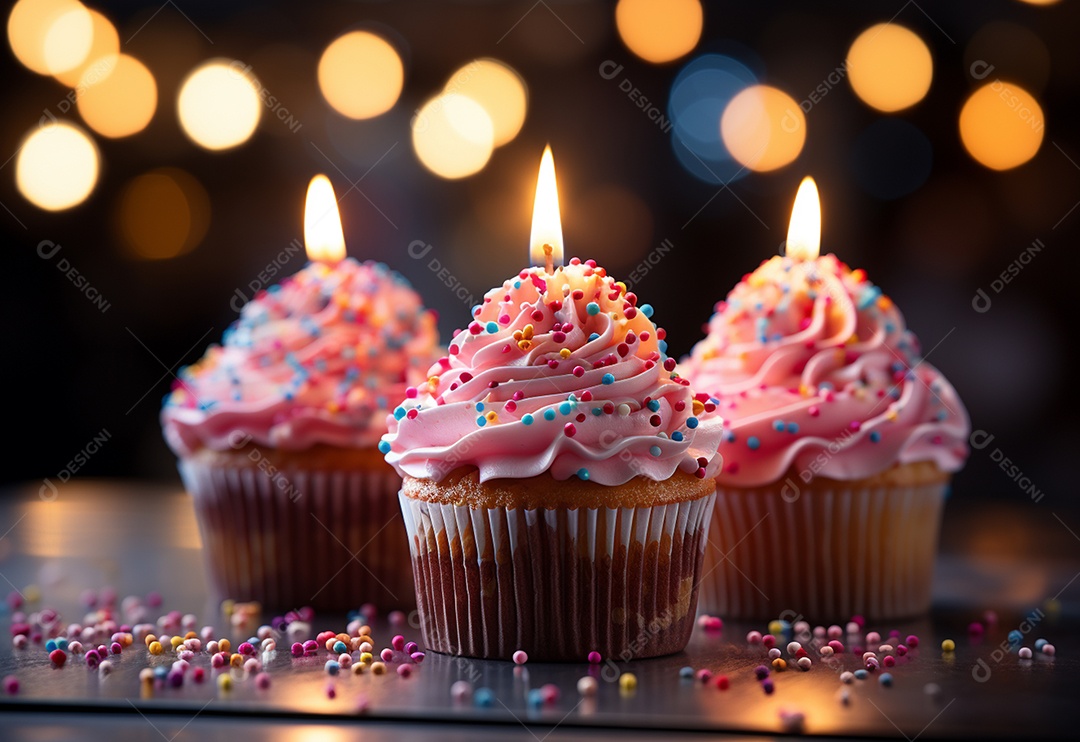 Cupcakes de aniversário com desfoque de fundo colorido