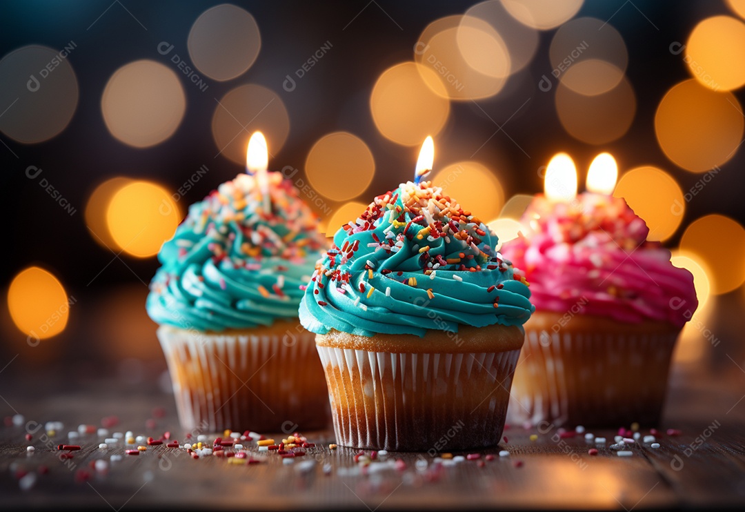 Cupcakes de aniversário com desfoque de fundo colorido