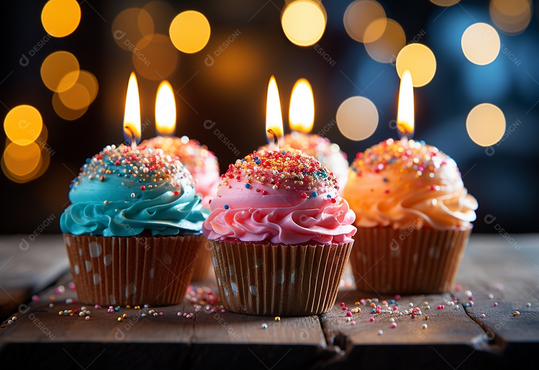 Cupcakes de aniversário com desfoque de fundo colorido