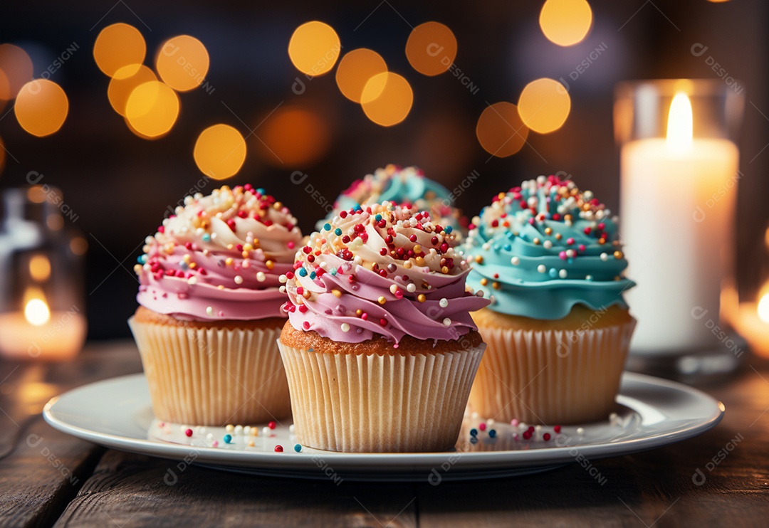 Cupcakes de aniversário com desfoque de fundo colorido