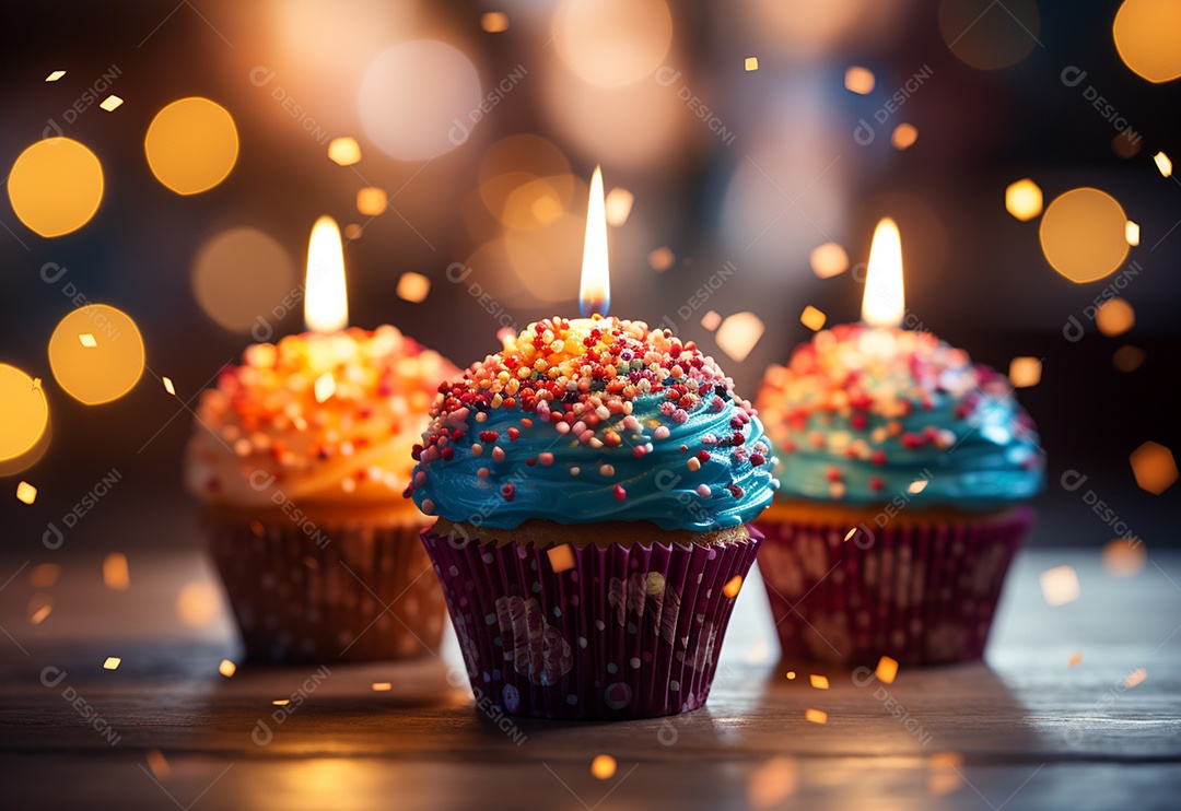 Cupcakes de aniversário com desfoque de fundo colorido