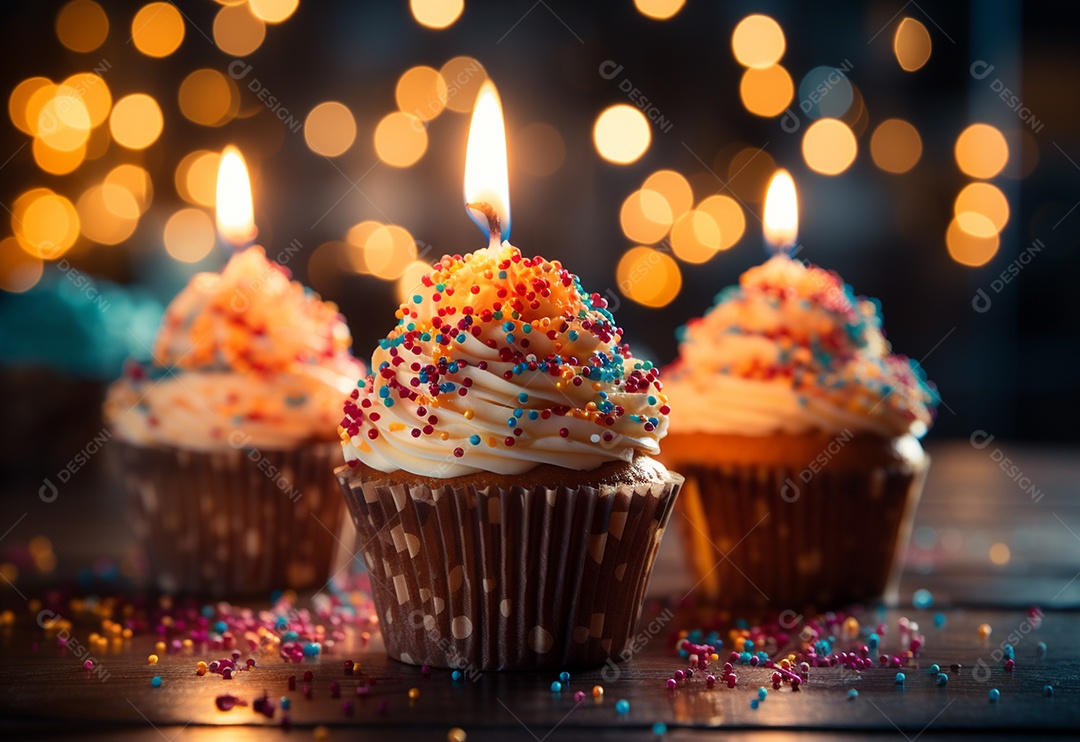 Cupcakes de aniversário com desfoque de fundo colorido