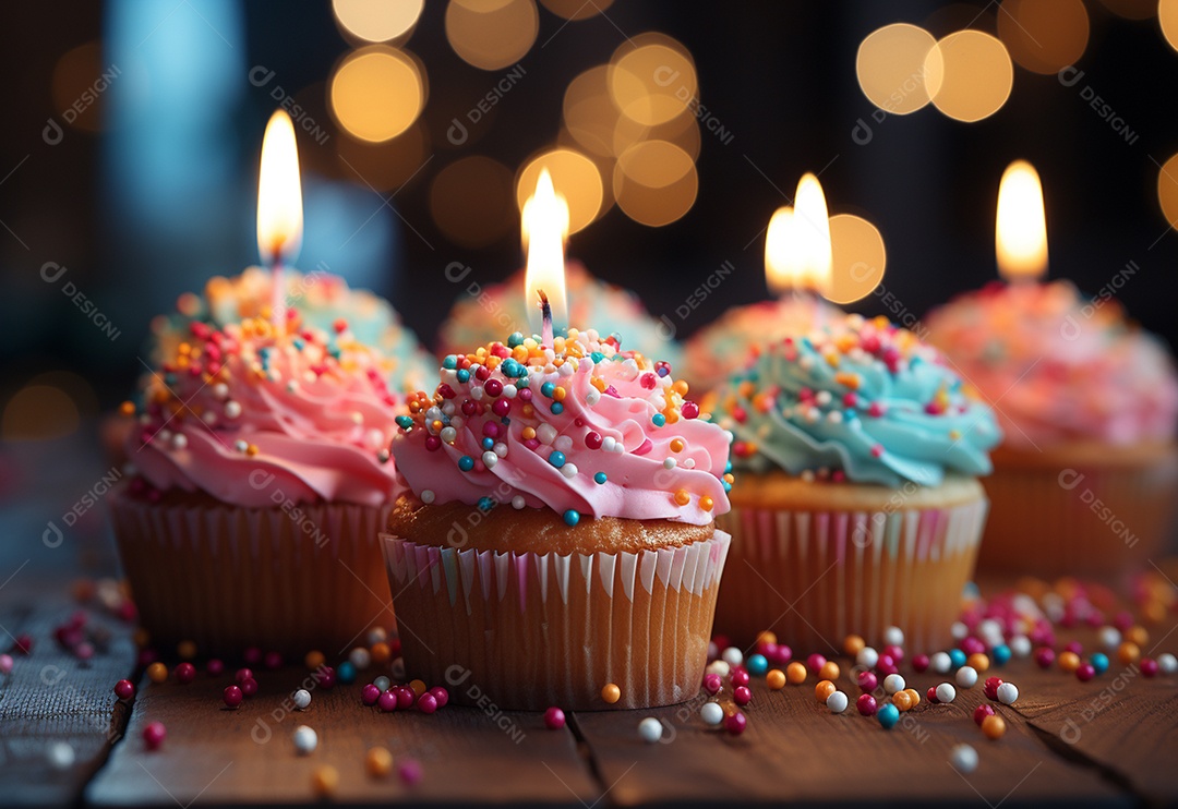 Cupcakes de aniversário com desfoque de fundo colorido