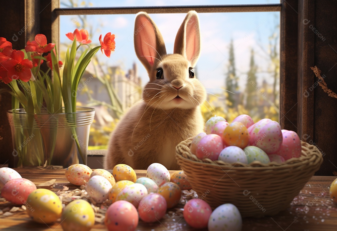Coelho sobre ovos de páscoa coloridos