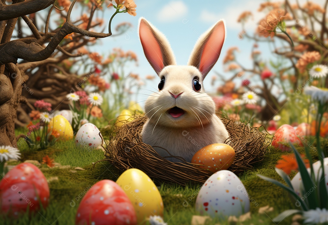 Coelho sobre ovos de páscoa coloridos
