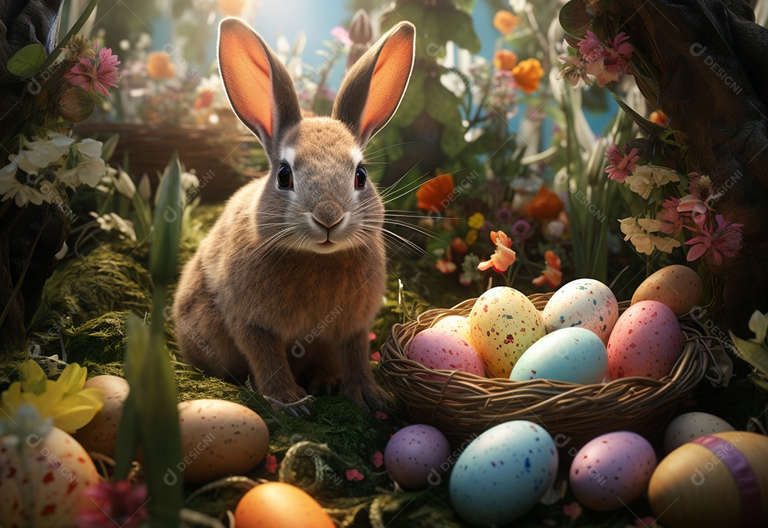 Coelho sobre ovos de páscoa coloridos
