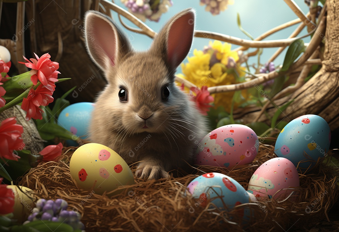 Coelho fofo sobre ovos de páscoa