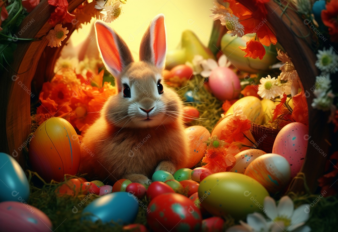Coelho fofo sobre ovos de páscoa