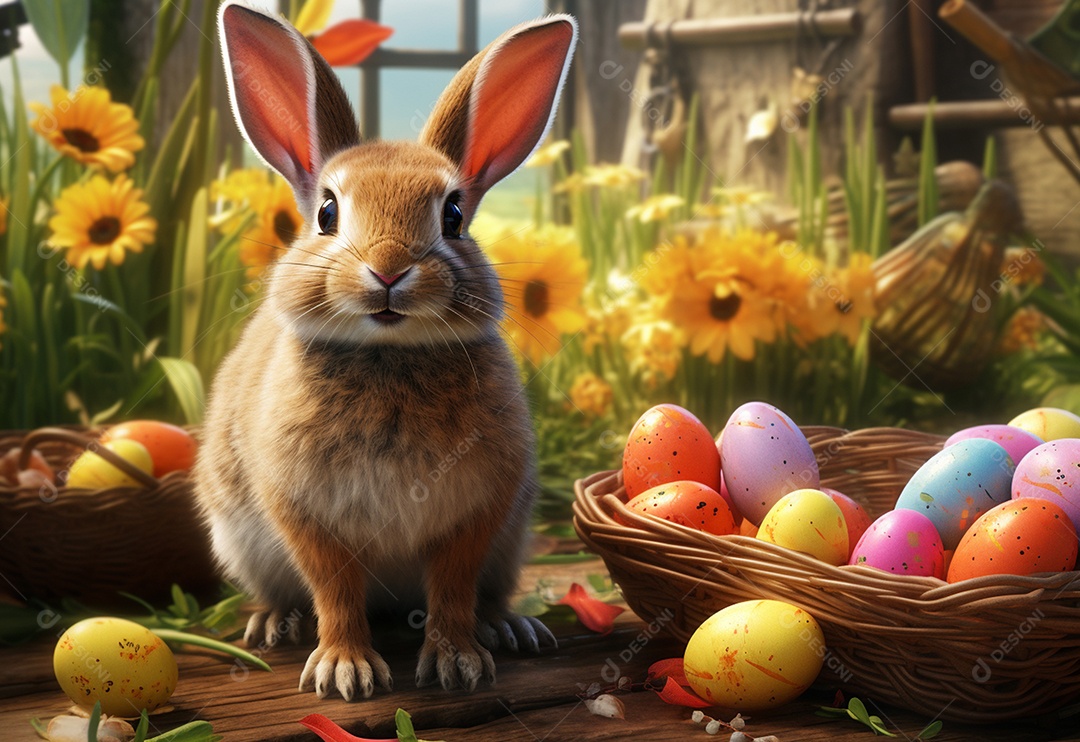 Coelho fofo sobre ovos de páscoa