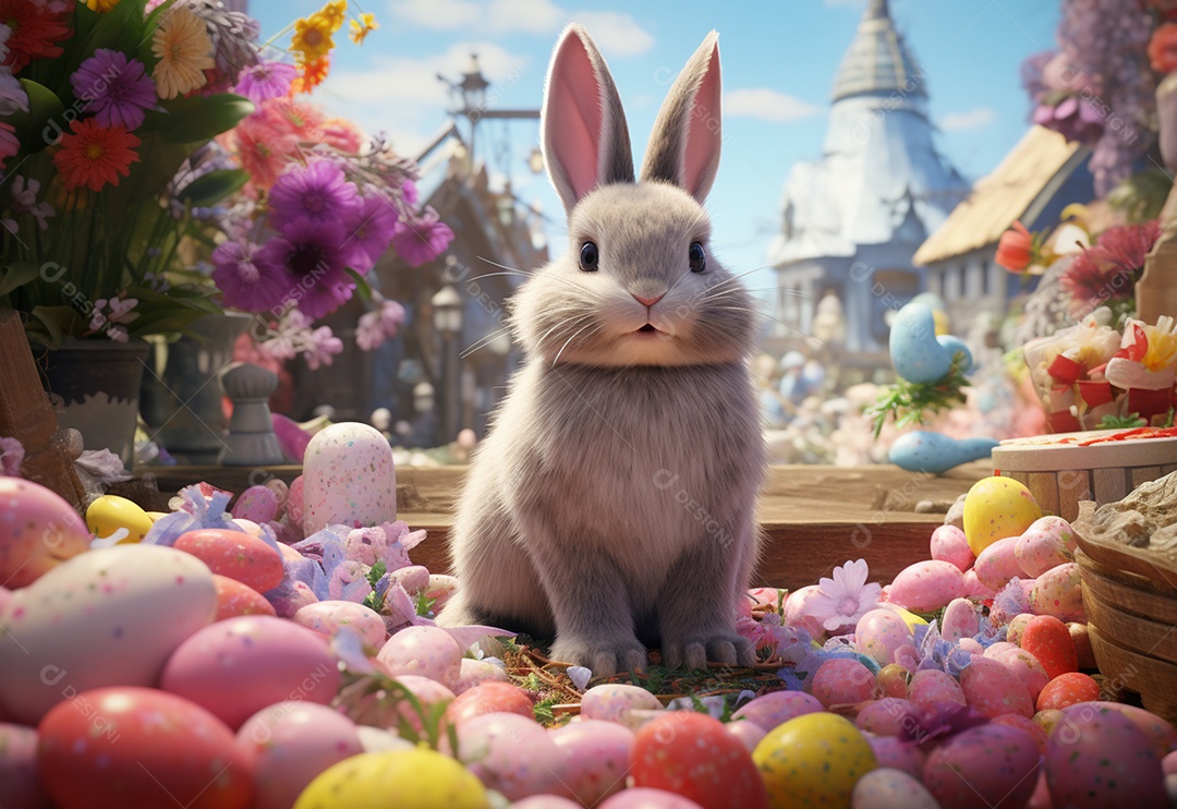 Coelho fofo sobre ovos de páscoa