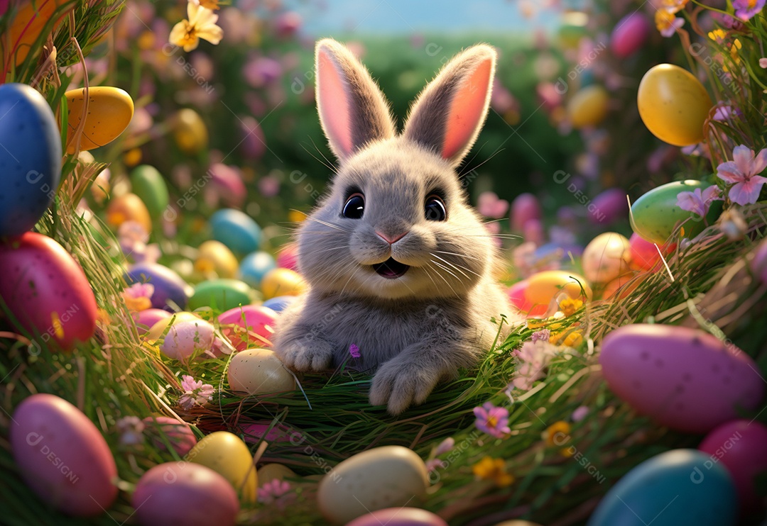 Coelho fofo sobre ovos de páscoa