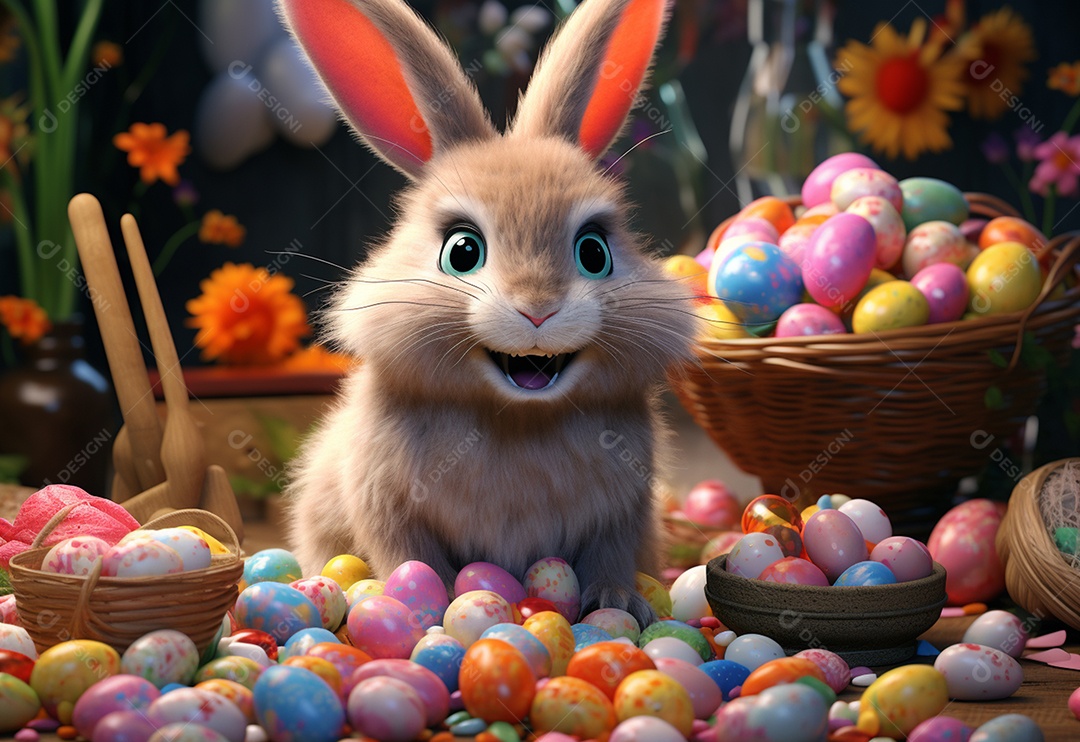 Coelho fofo sobre ovos de páscoa