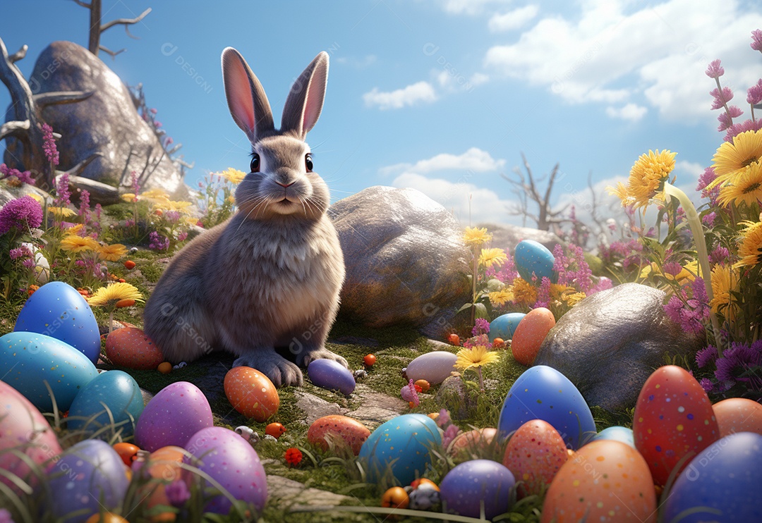 Coelho fofo sobre ovos de páscoa