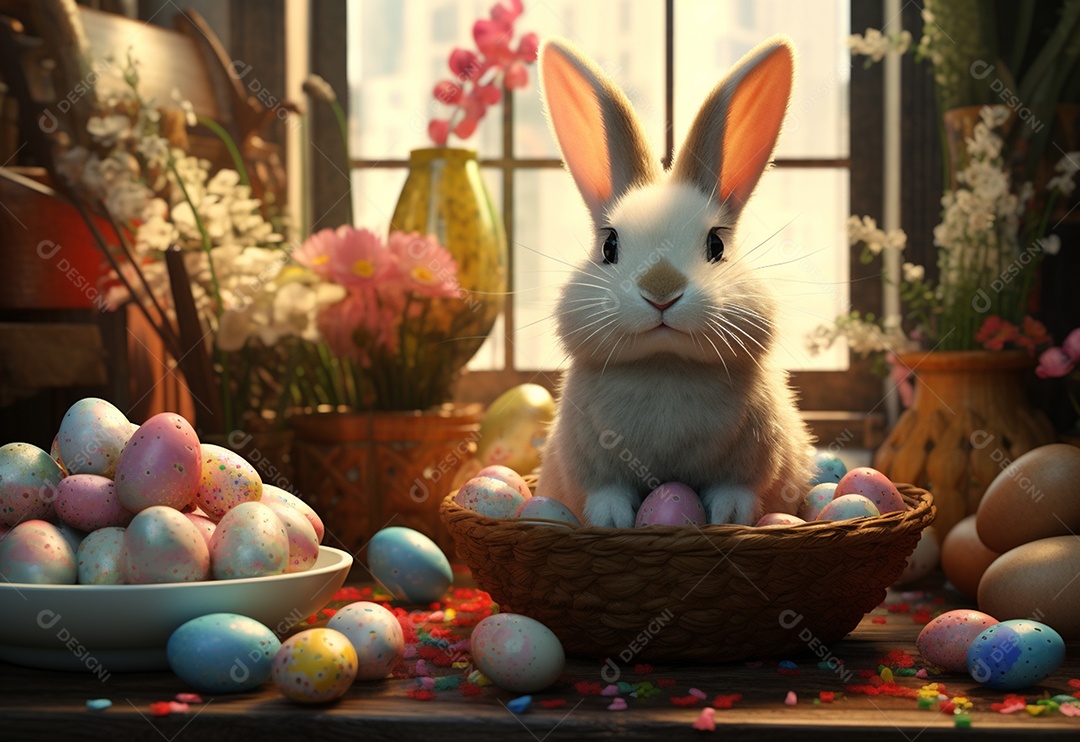 Coelho fofo sobre ovos de páscoa