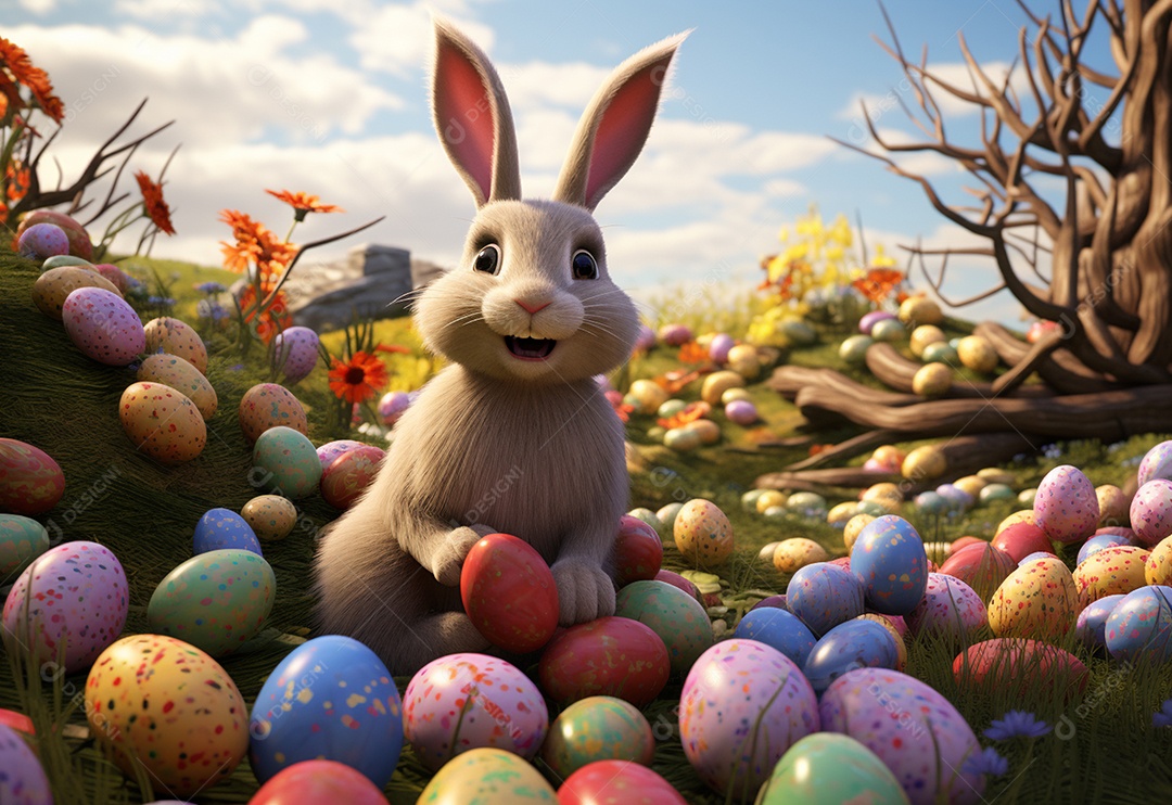 Coelho fofo sobre ovos de páscoa