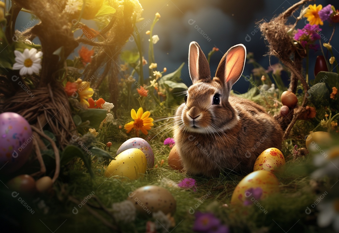 Coelho fofo sobre ovos de páscoa