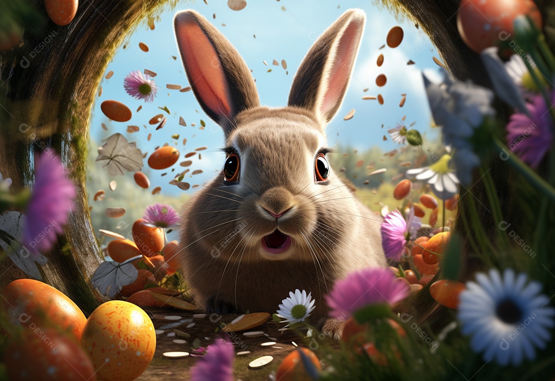 Coelho fofo sobre ovos de páscoa