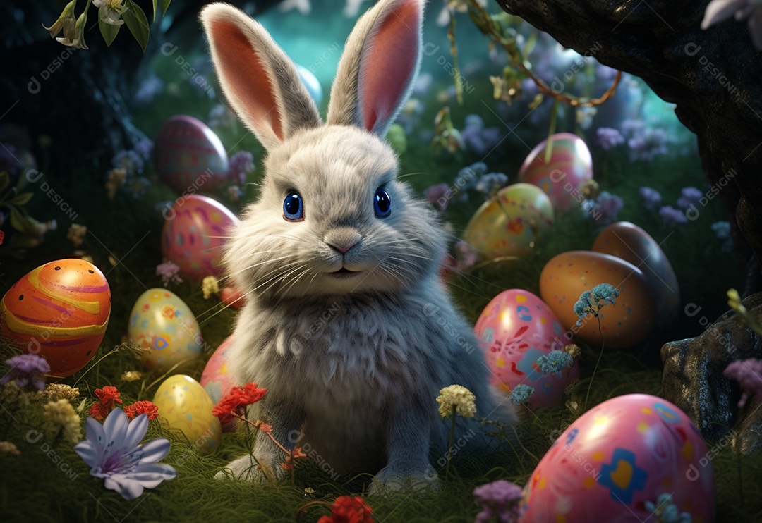 Coelho fofo sobre ovos de páscoa