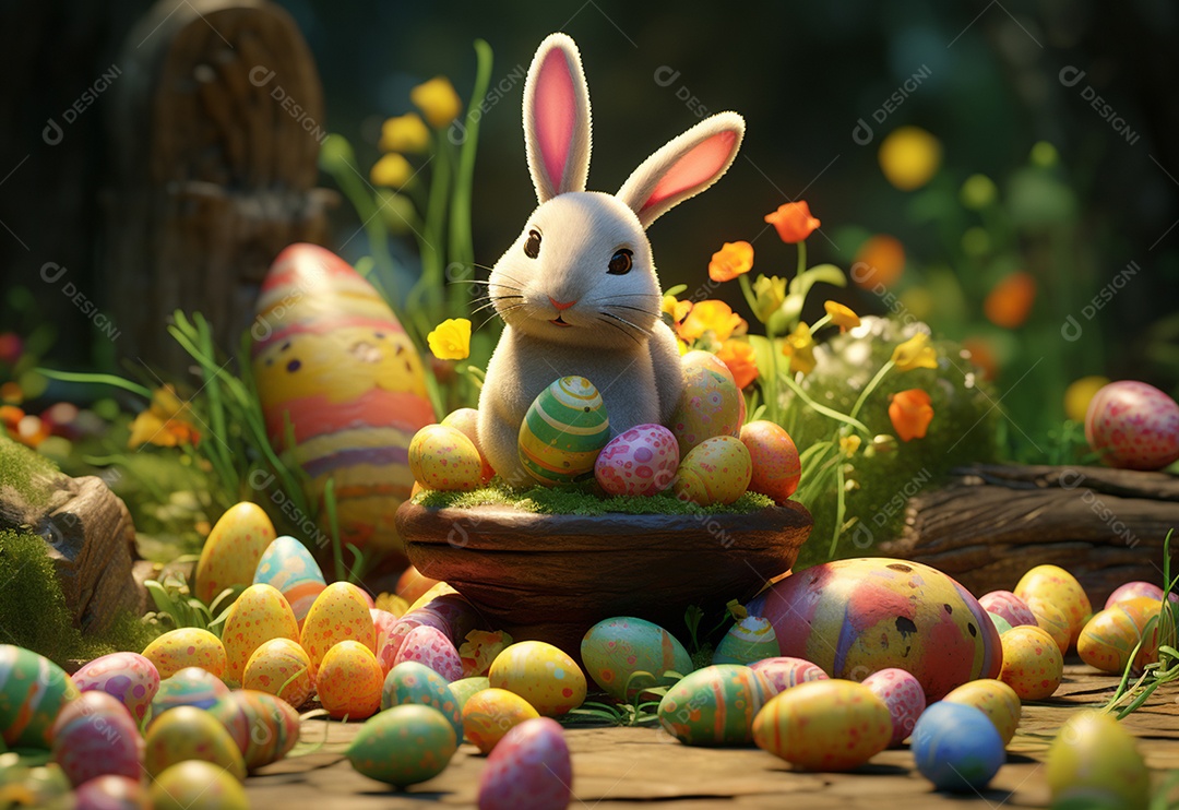 Coelho fofo sobre ovos de páscoa
