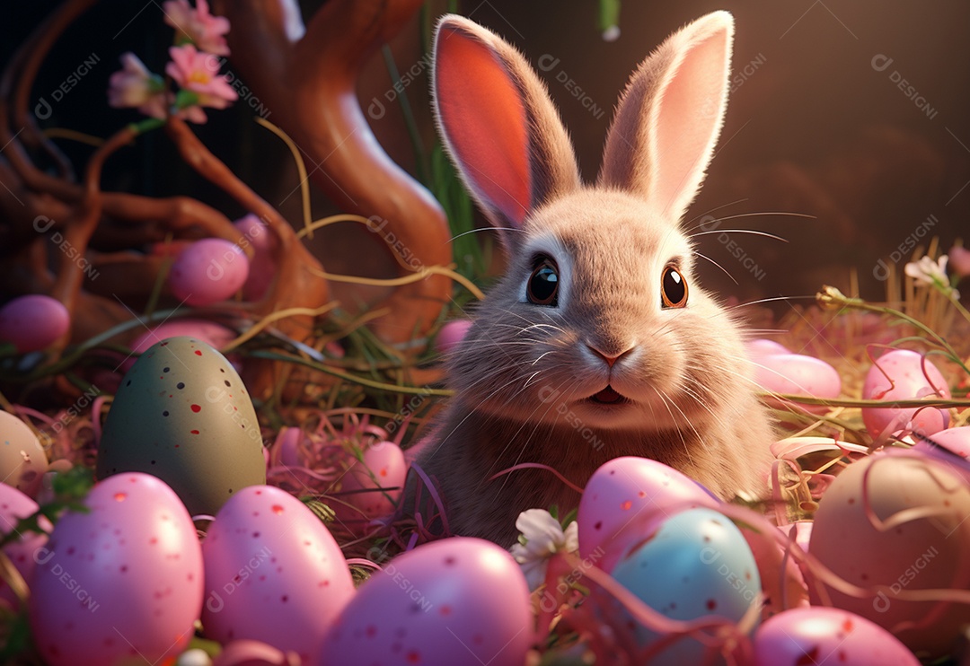 Coelho fofo sobre ovos de páscoa