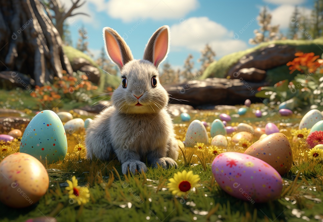 Coelho fofo sobre ovos de páscoa