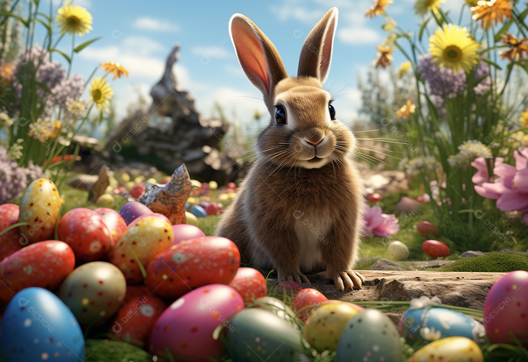 Coelho fofo sobre ovos de páscoa