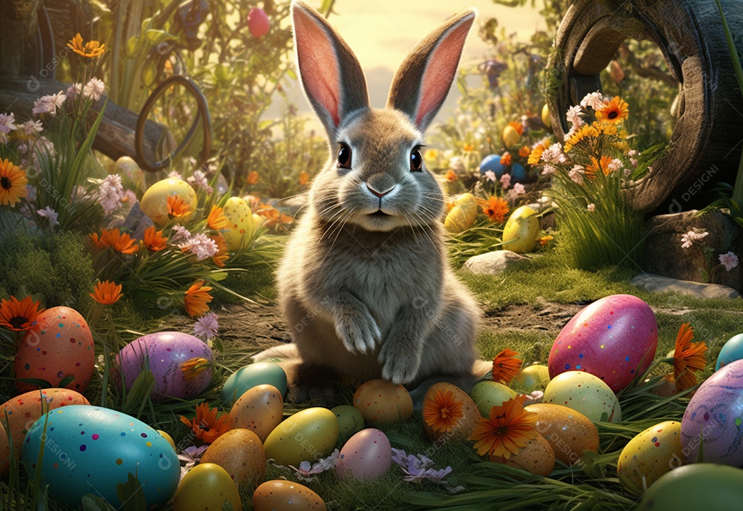 Coelho fofo sobre ovos de páscoa