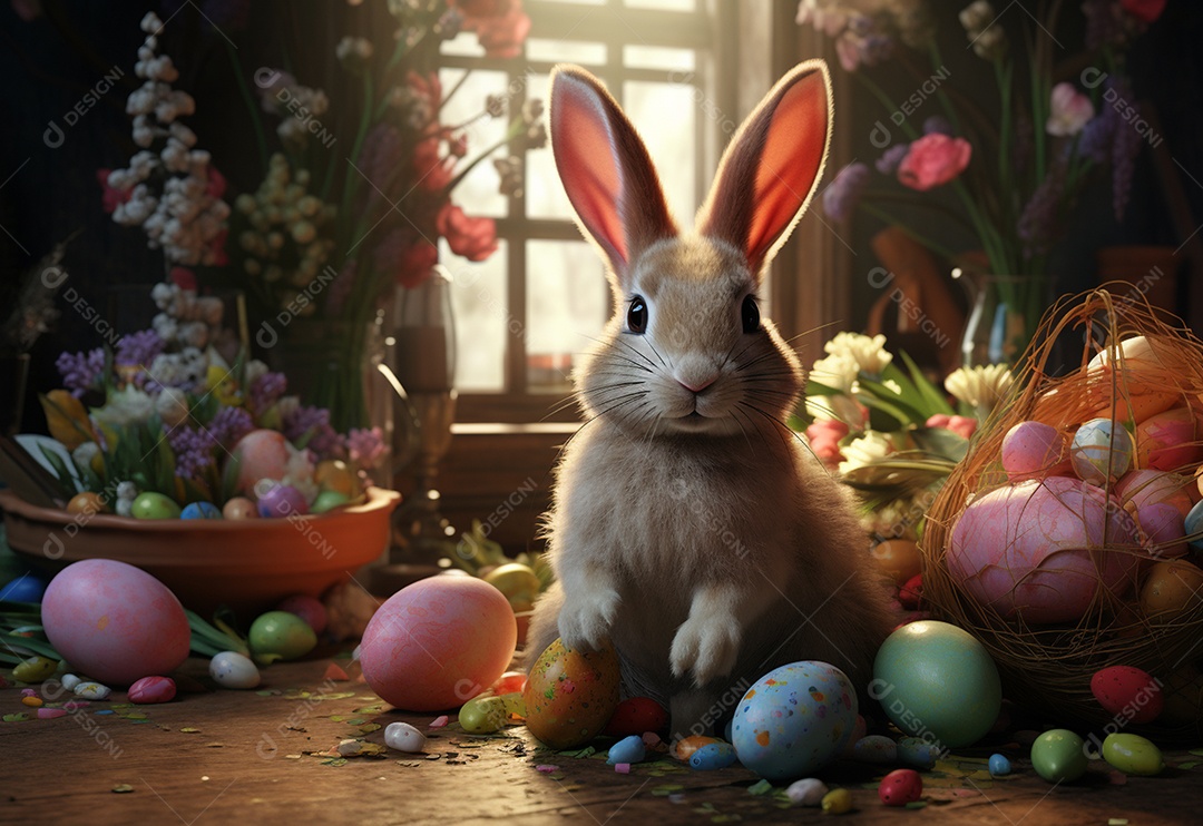 Coelho fofo sobre ovos de páscoa