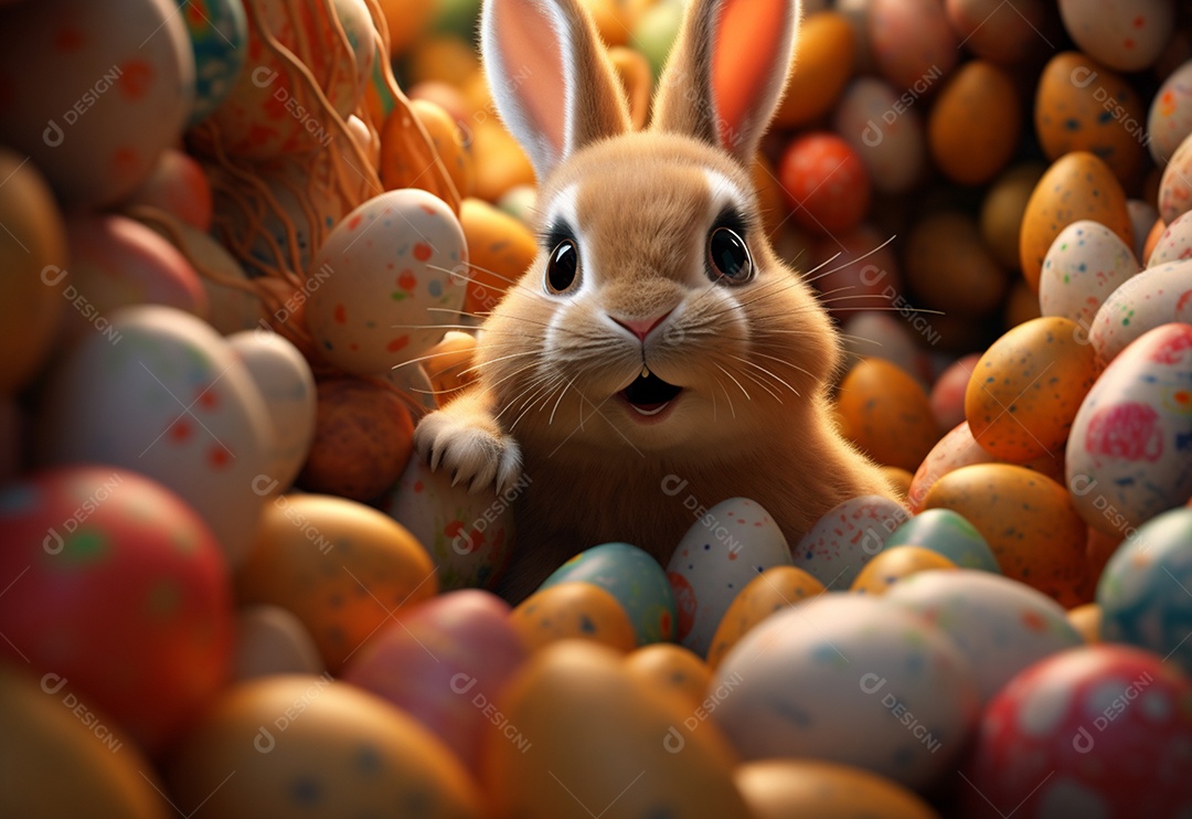 Coelho fofo sobre ovos de páscoa