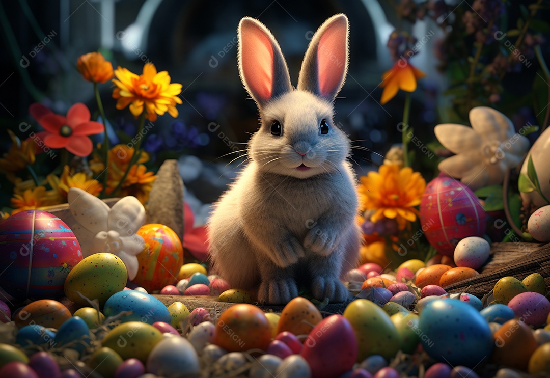 Coelho fofo sobre ovos de páscoa