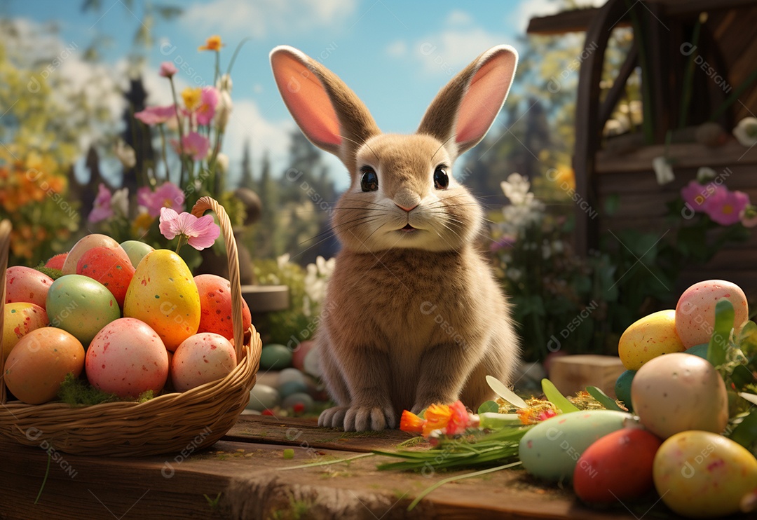 Coelho fofo sobre ovos de páscoa