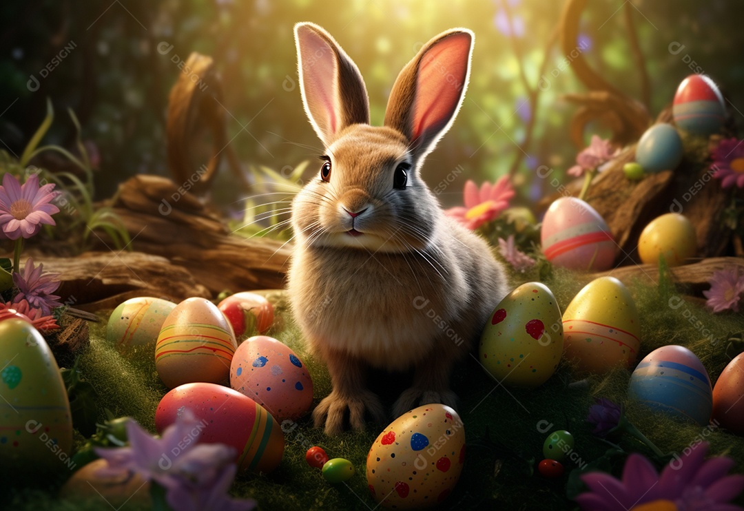 Coelho fofo sobre ovos de páscoa