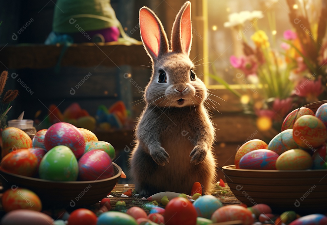 Coelho sobre ovos de páscoa coloridos