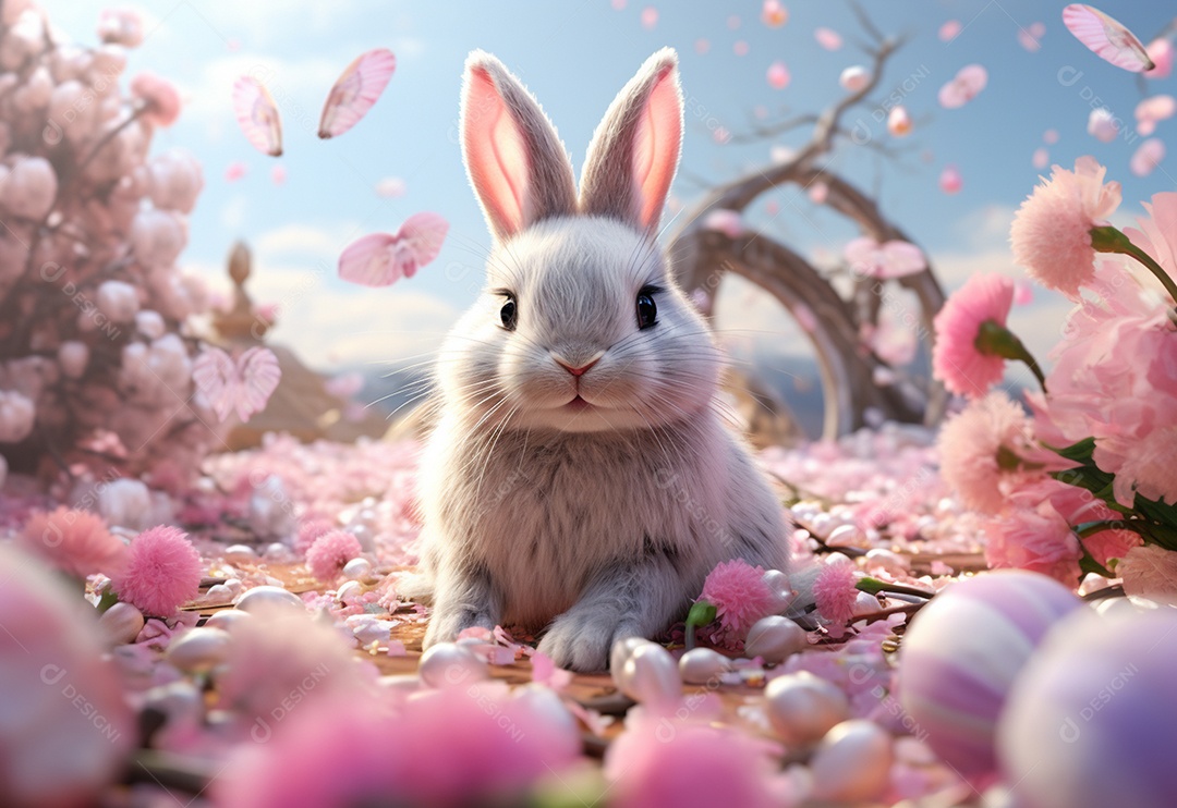 Coelho sobre ovos de páscoa coloridos