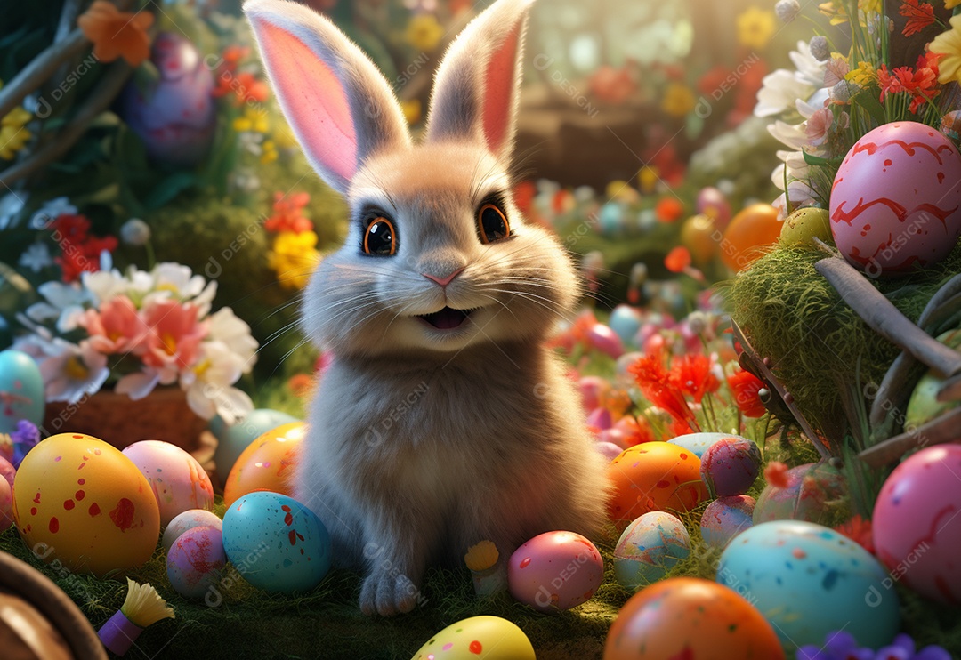 Coelho fofo sobre ovos de páscoa coloridos