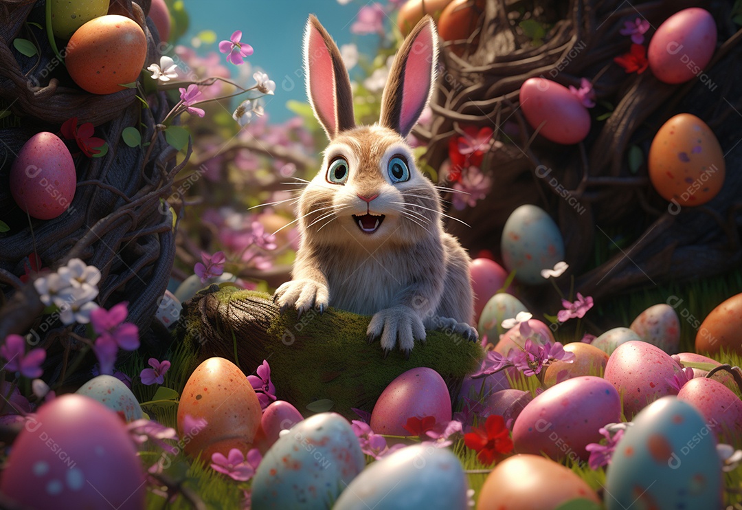 Coelho fofo sobre ovos de páscoa coloridos