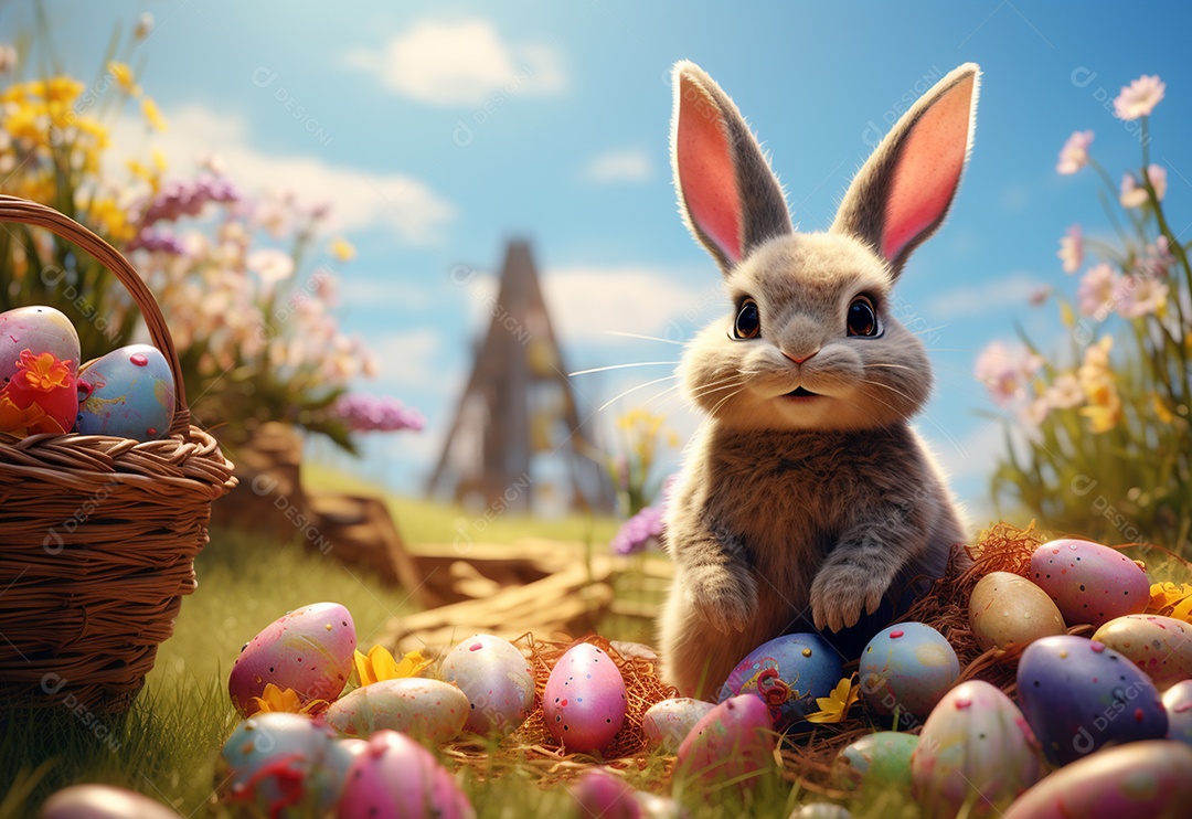Coelho fofo sobre ovos de páscoa coloridos