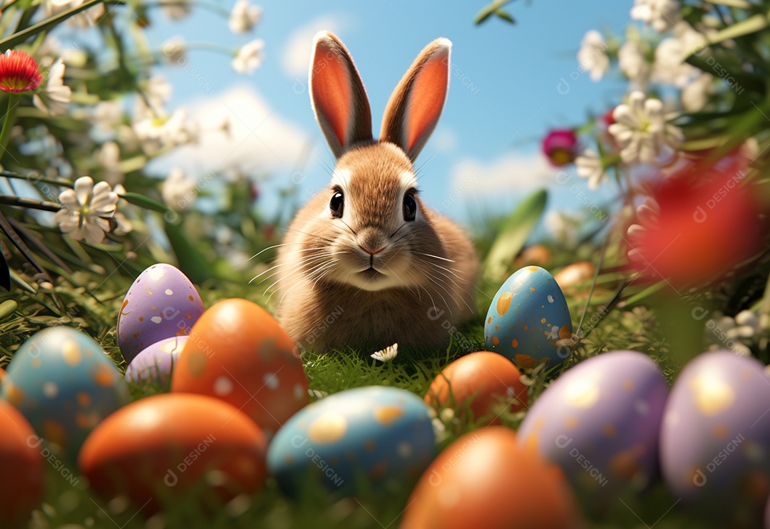 Coelho fofo sobre ovos de páscoa coloridos