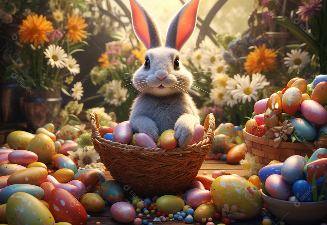 Coelho fofo sobre ovos de páscoa coloridos