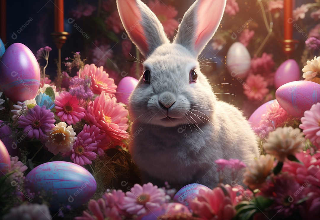 Coelho fofo sobre ovos de páscoa coloridos