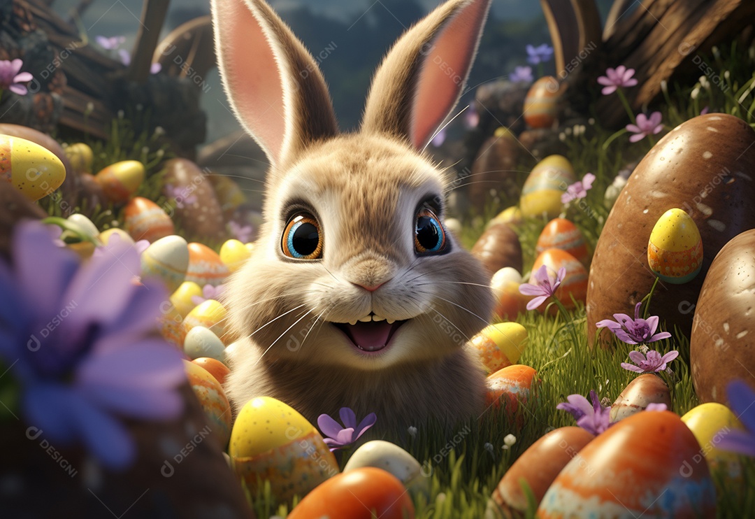 Coelho fofo sobre ovos de páscoa coloridos